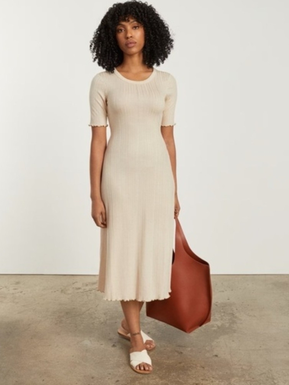 Everlane Cream Ribbed Short-Sleeve Midi Dress In Parchment (Cream)